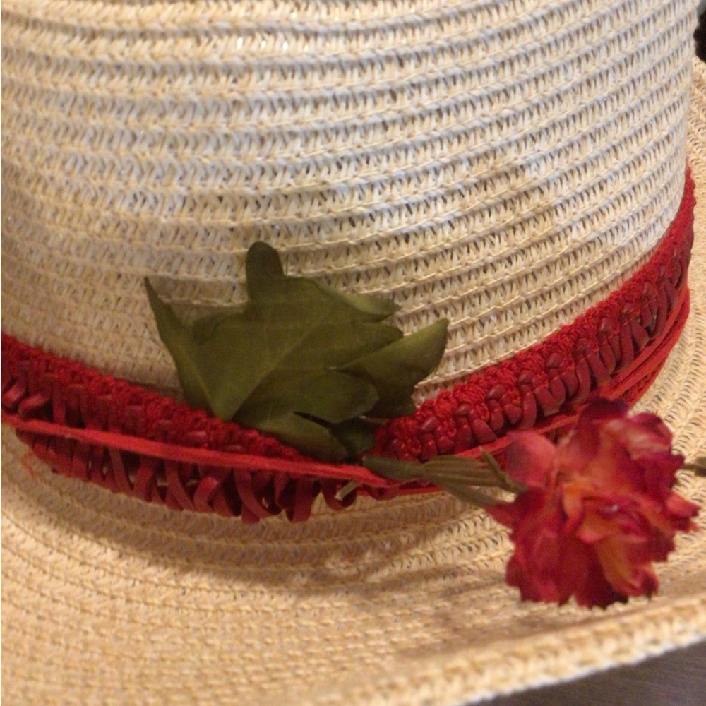 NEW! Upcycled Ruxpinsrags Desert Rose Straw Wide-Brim Sun Hat with Red Band - Picture 5 of 5